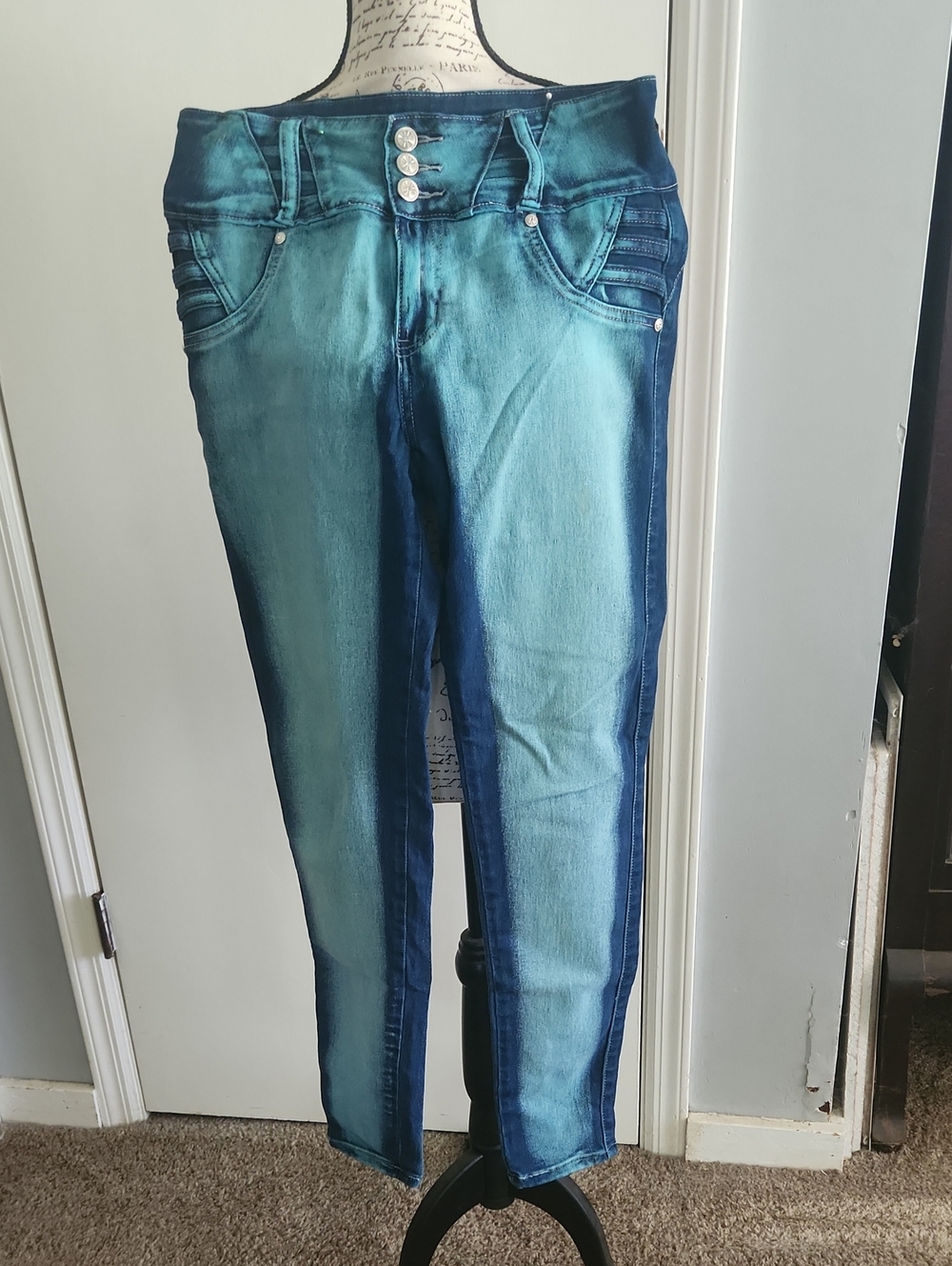 High-Rise Two-Tone Blue Skinny Jeans for Women